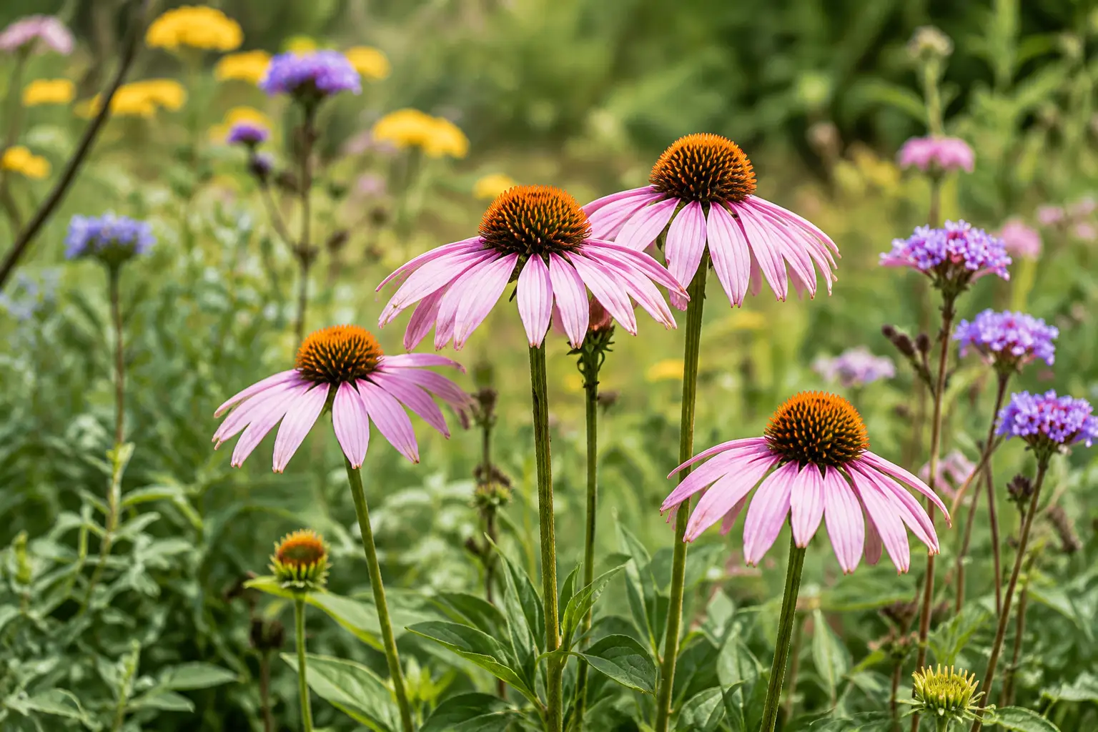 Roze zonnehoed in een gemengde bloemenborder.