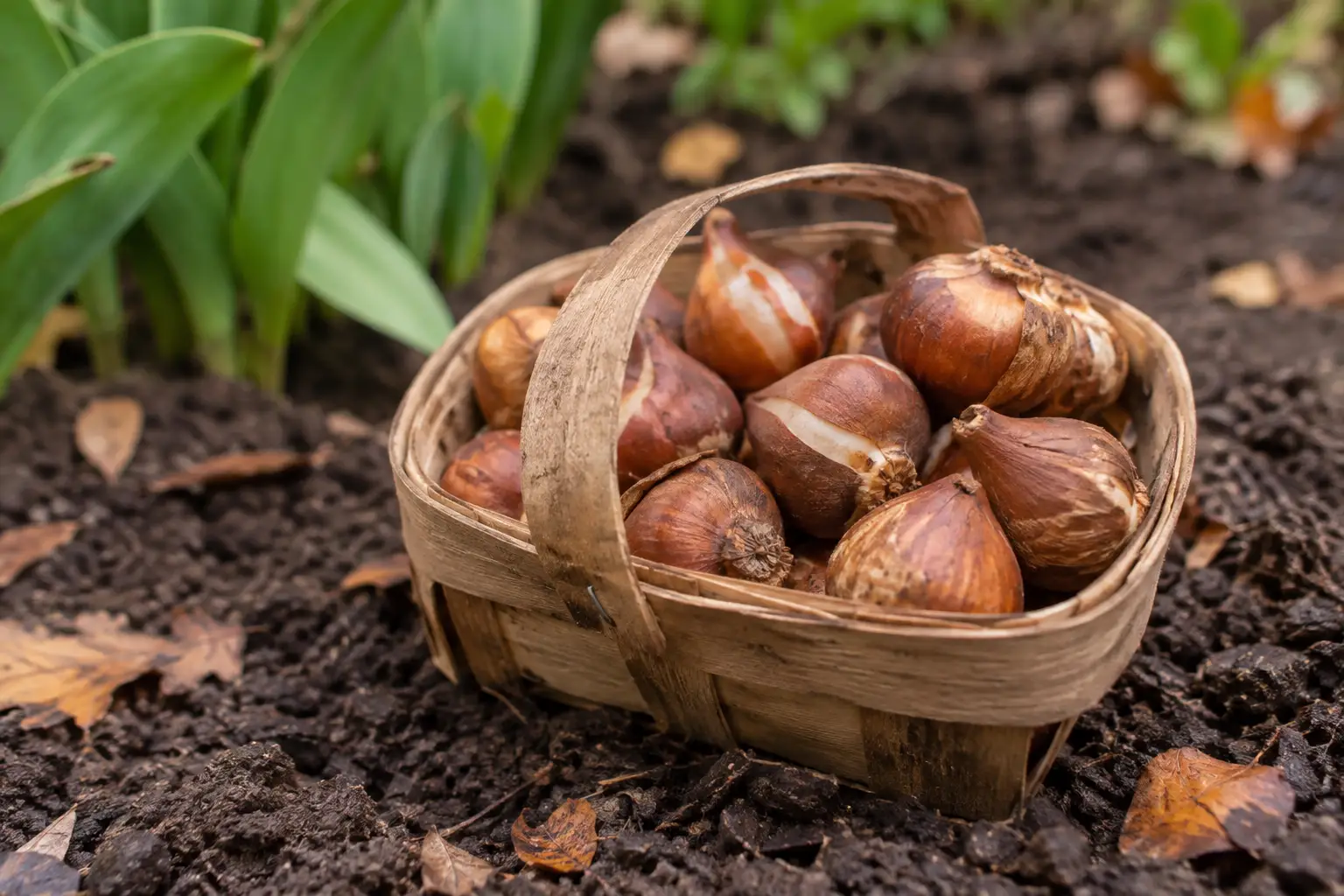 Rieten mandje met tulpenbollen op donkere tuingrond naast groene bladeren