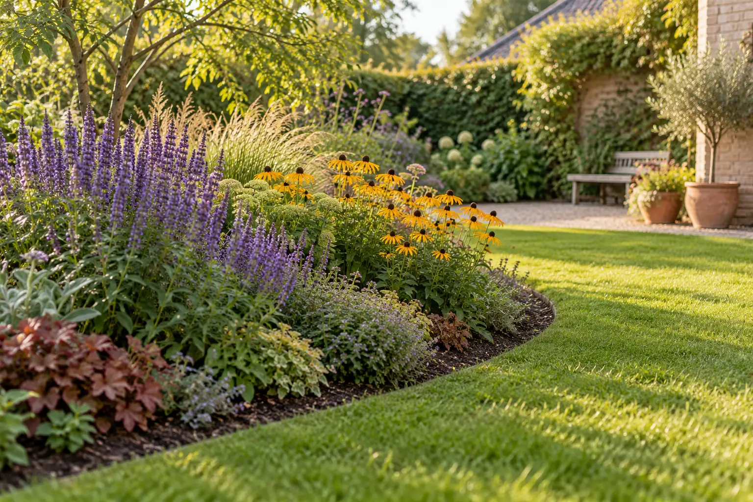 Zonnige border met paars salie, gele rudbeckia, gesnoeide rand en bankje in achtergrond