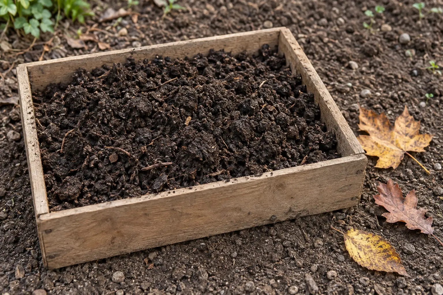 Houten bak met donkere, vochtige compostgrond op aarde naast herfstbladeren