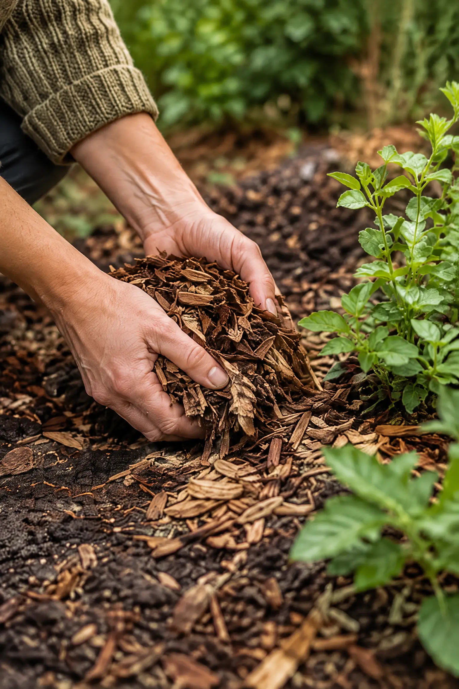 Handen leggen schors tussen planten op de tuingrond.