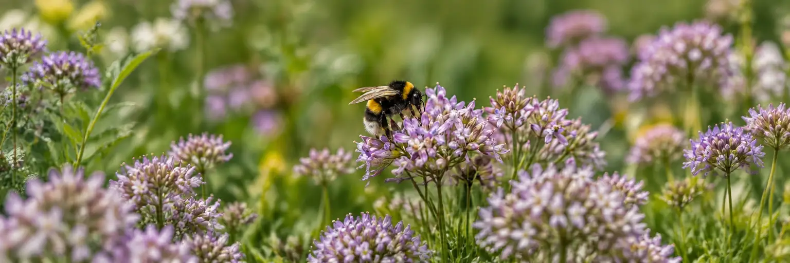 Een hommel op lichtpaarse bloemen.