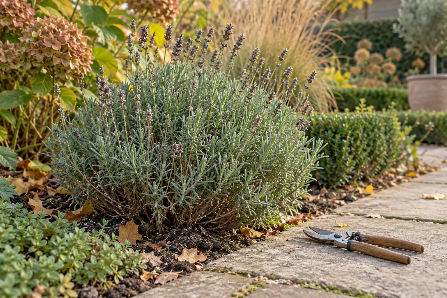 Grote lavendelplant in tuinborder naast snoeischaar op betegeld pad